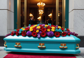 A ceremonial setting with a beautifully crafted coffin in the foreground, decorated with vibrant and colorful flowers. In the interiors that emphasize the memorial farewell that is taking place.