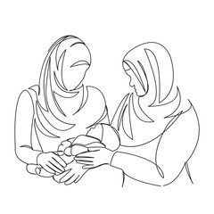 One continuous single drawing line art doodle parent, people, mother, newborn, muslim, islam, baby, family, woman, motherhood. Isolated flat illustration hand draw contour on a white background
