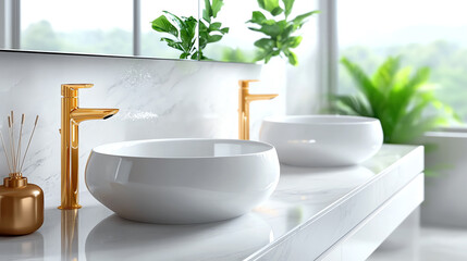 Fototapeta premium Elegant modern bathroom design with stylish white sinks and golden faucets surrounded by lush greenery