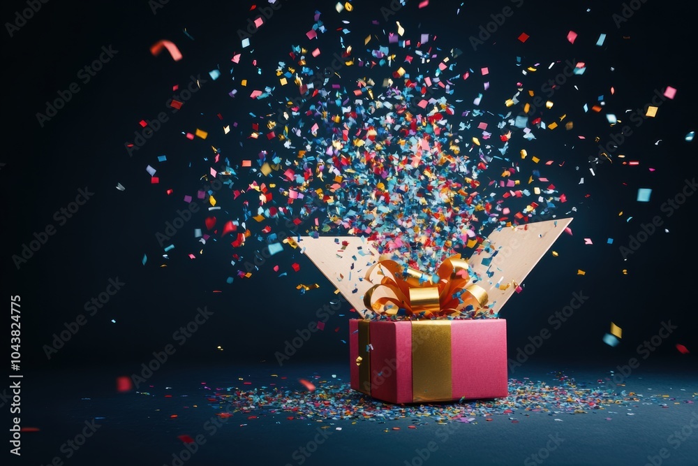 Poster the gift box overflows with colorful confetti and ribbons, creating a festive atmosphere perfect for