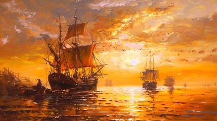 Ships, fisherman, sea landscape. Oil paintings, canvas, art.