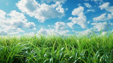 Fototapeta premium Green grass on blue sky with clouds background