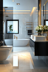 Fototapeta premium Elegant modern bathroom design with sleek fixtures and natural elements for a luxurious retreat