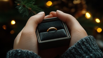 Hands holding a ring box near a festive background.