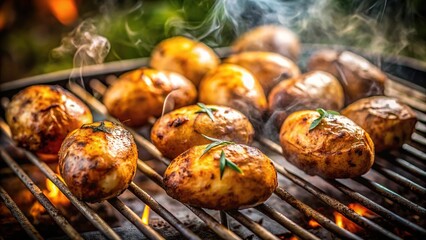 Potatoes baking on grill in coal smoke
