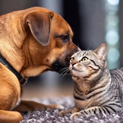 Fototapeta premium A close-up photo of a dog and cat interacting playfully, deep focus, eye-level shot emphasizing their features and expressions, creating a charming and detailed portrait