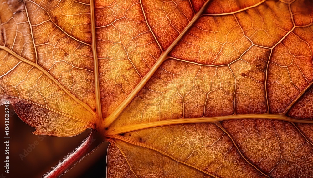 Poster Intricate Autumn Leaf Veins in Close-Up. Macro View of the Vibrant Golden and Rust Tones, Highlighting Nature's Detailed Patterns in Seasonal Transition for Texture, Design, or Seasonal Concepts