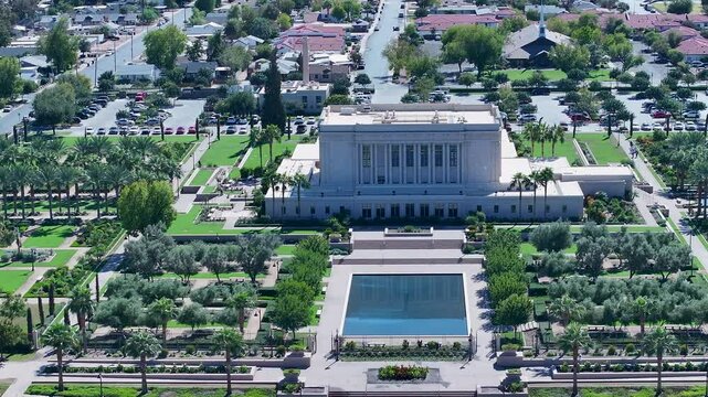 Aerial Mesa Arizona LDS Temple front pull. Aerial Mesa Arizona Temple of The Church of Jesus Christ of Latter-day Saints, LDS or Mormon religion. Christian religious group.