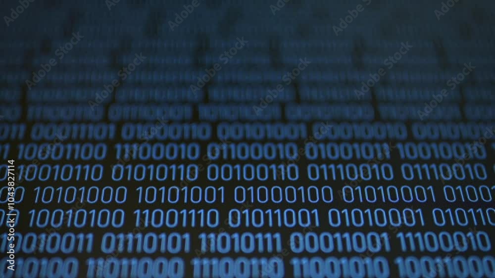 Poster binary code moving along the screen. blue digits on black background, data processing, information, 