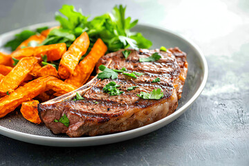 Fototapeta premium Savory grilled steak with sweet potato fries and fresh herbs for a delicious meal