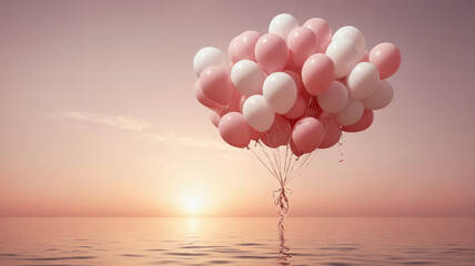 Fototapeta premium decorative pink and white balloons under sea water in sunset time