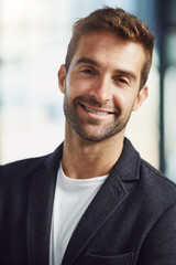 Obraz premium Happy, confident and portrait of businessman in office with pride for finance trade career. Professional, person and stock market expert from Canada for financial capital gain with investment profit.