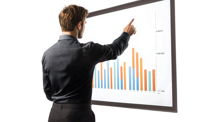 Businessman reviewing statistics on a document or tablet, isolated on a transparent white background, focused on analyzing data and financial trends, conveying professionalism and decision-making.