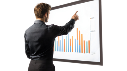 Businessman reviewing statistics on a document or tablet, isolated on a transparent white background, focused on analyzing data and financial trends, conveying professionalism and decision-making.