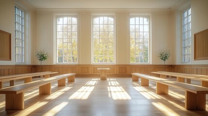 Obraz premium empty courtroom with polished wooden benches and a large window creating an atmosphere of solemnity and justice inviting contemplation and reflection