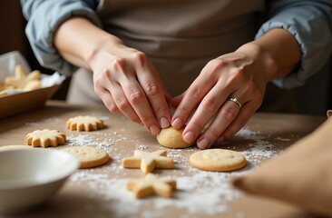 Close-up of woman's hands making cookies from New Year's molds. Against the background of a rustic kitchen. Flickering garlands against the background of the Christmas tree. Cookies in the shape of Ch