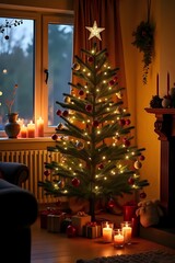 Christmas tree with lights and ornaments near a window in a cozy living room, candles on the floor and windowsill, gifts underneath, warm holiday atmosphere, evening glow