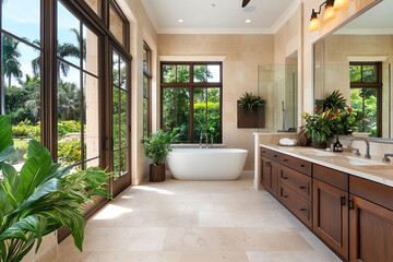 Fototapeta premium Luxurious spa-like bathroom with modern design and lush greenery in a serene setting