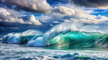 Powerful foamy sea waves rolling and splashing over water surface against cloudy blue sky close-up