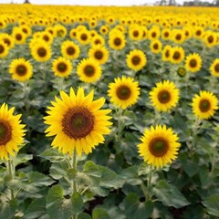 Obraz premium A hip-level, full shot of a vibrant sunflower field in full bloom, with rows of tall sunflowers stretching toward the sun. The perspective highlights the height of the flowers against a clear blue