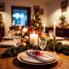 Christmas house a close-up of a table set for a Christmas dinner, with candles, plates, and holiday decorations in sharp focus, deep focus capturing the entire table setting, eye level shot, photo