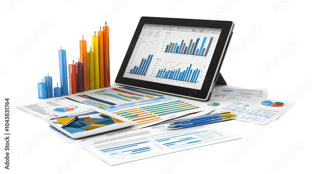 Wall mural ipad displaying statistical data alongside pencils and papers on a desk, showcasing a dynamic worksp