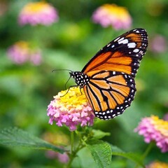 Fototapeta premium A close-up photo of a butterfly resting on a vibrant flower, deep focus capturing the intricate patterns and vivid colors of its wings, eye-level shot giving a detailed portrait of the delicate