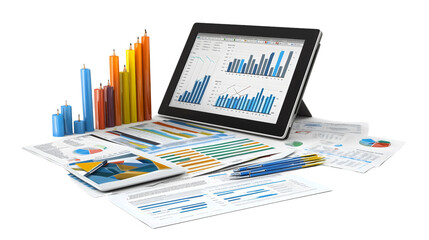 iPad displaying statistical data alongside pencils and papers on a desk, showcasing a dynamic workspace focused on analysis and planning, conveying a sense of organization and productivity.