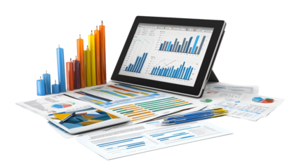 iPad displaying statistical data alongside pencils and papers on a desk, showcasing a dynamic workspace focused on analysis and planning, conveying a sense of organization and productivity.