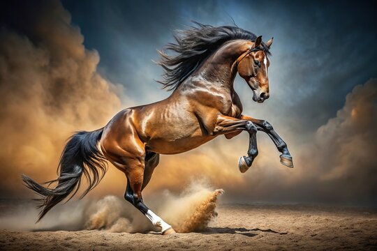 Powerful stallion performing levade in freedom on a wide-angle shot