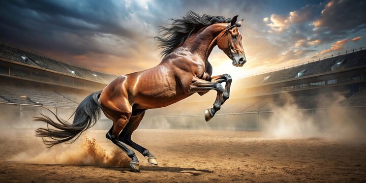 Powerful stallion performing levade in freedom