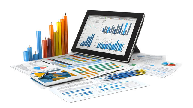 iPad displaying statistical data alongside pencils and papers on a desk, showcasing a dynamic workspace focused on analysis and planning, conveying a sense of organization and productivity.