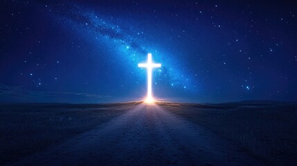 A glowing cross shines brightly on the horizon beneath a clear, starry night sky, symbolizing faith, solitude, and hope amidst the vastness