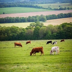 Fototapeta premium A full shot of a group of cows grazing in a field, with soft focus creating a dreamy, slightly blurred effect on the cows and the distant background of rolling hills