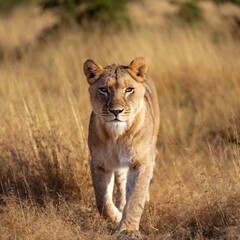 Obraz premium A full shot photo of a lioness walking confidently through tall golden grass, deep focus on the movement of its muscles and fur, low-angle shot that makes the lion appear larger and more imposing
