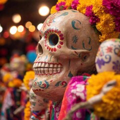Fototapeta premium extreme macro A lively Dia de los Muertos street scene with stalls selling colorful decorations, including calaveras, papel picado, and marigold wreaths, set against a backdrop of festive lights and