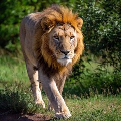 A macro photo of a lion prowling through the dense underbrush, deep focus on its intense gaze and the fine details of its powerful limbs, high-angle shot highlighting the strength and agility of its