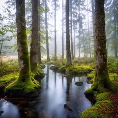 Fototapeta premium A serene scene of a misty forest during a gentle rain, with droplets cascading from the lush green canopy and forming small puddles on the forest floor