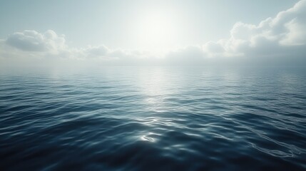 Obraz premium A panoramic view of the ocean with the sun shining through the clouds, creating a bright and clear sky.