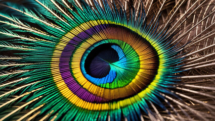 Naklejka premium Close-Up of Peacock Feather An Intricate Display of Vivid Greens, Blues, Purples, and Gold, Featuring a Prominent Eye Pattern and Shimmering Texture that Highlights Its Natural Beauty