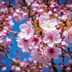 a close-up view of a cluster of blooming cherry blossoms in spring. Capture the intricate details of the petals, stamens, and the subtle variations in color and texture