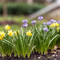 An Earth Day awareness poster in digital art, featuring an eye-level shot of a small garden with blooming flowers. The rack focus technique sharpens the flowers in the foreground, creating a soft