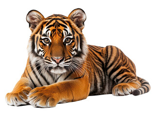Obraz premium Majestic tiger resting with intense gaze and striking orange fur with black stripes.