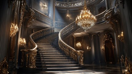 A luxurious staircase with a dazzling chandelier in a richly designed interior space, symbolizing grandeur and high-class architectural beauty.