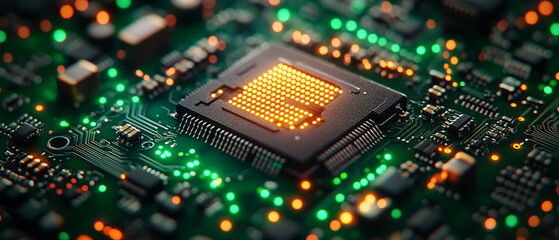 Obraz premium Close Up of Circuit Board with Processor Chip and Glowing Lights
