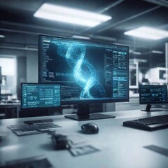 Naklejka premium image of computer over dna dna and dna processing in a laboratory. medical technology and science concept digitally generated image.