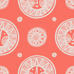 seamless vector pattern with cute smiling hand drawn suns on a pink backround