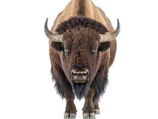 Majestic bison with thick fur and curved horns facing forward against a white background.
