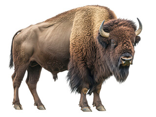Fototapeta premium Majestic American bison standing against a white background, showcasing its robust form and thick fur.