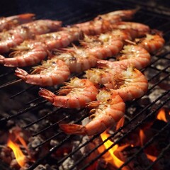 Medium Shot of Grilled Shrimp on Skewers Over Charcoal: A hip-level photo of shrimp skewers grilling over hot coals, with deep focus on the shrimp's pink color and the glowing embers below.